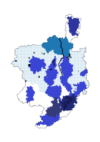 Carte des projets incluant une numérisation de cartes anciennes. Les figurés en gris et en pointillés indiquent des zones où les projets n’ont pas abouti à la vectorisation des forêts des cartes anciennes.