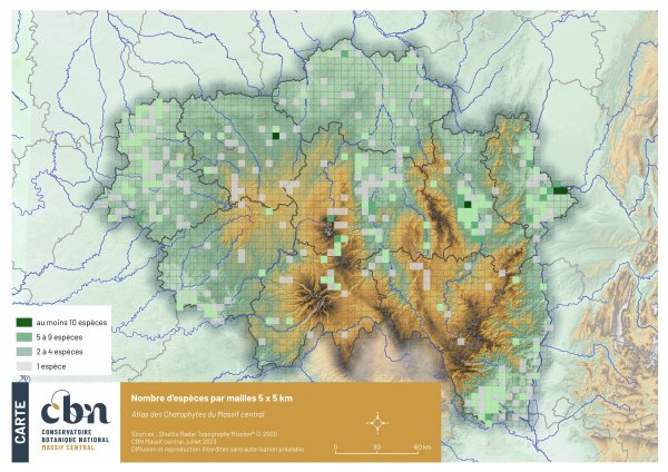 Nombre d’espèces de characées par maille 5 x 5 km sur le territoire d’agrément du CBN Massif central 
